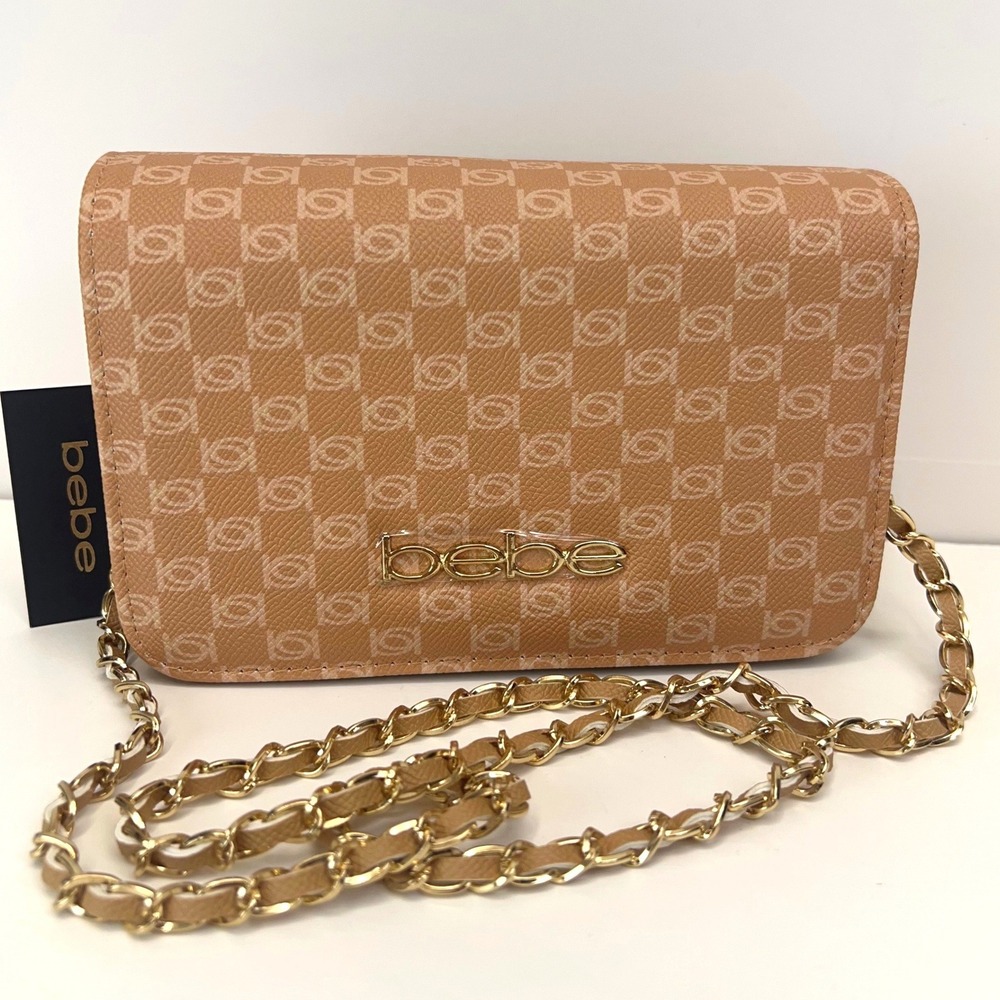 BEBE Crossbody Bag Adela Monogram Shoulder Purse Gold Chain‎ Strap Camel Tan NWT